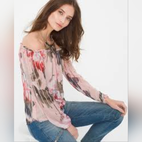 WHITE HOUSE BLACK MARKET Off-the-Shoulder Pink Floral Blouse Sheer Size S - Picture 1 of 5